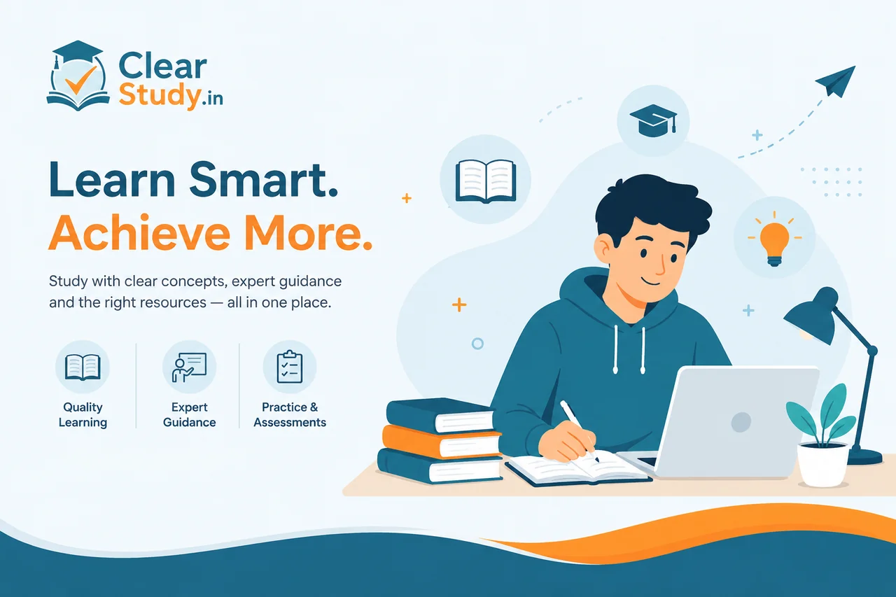 ClearStudy – Learn Smart, Achieve More: student studying NCERT textbooks with laptop, notebooks and study icons