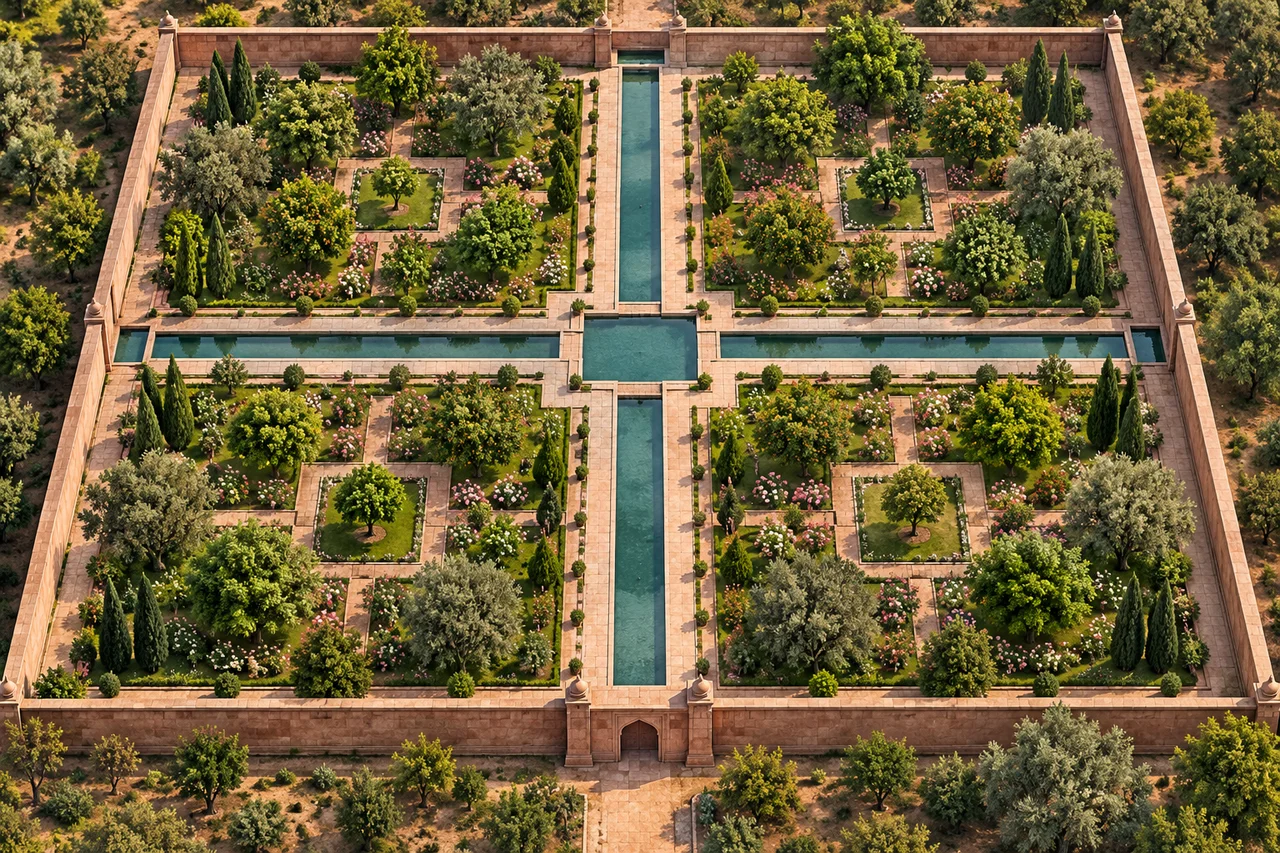 Conceptual charbagh garden with four planted quadrants divided by perpendicular water channels and a central square pool