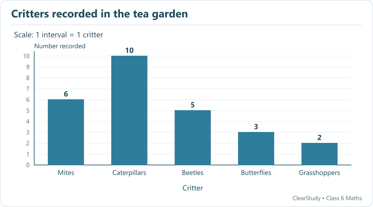 Mites 6; Caterpillars 10; Beetles 5; Butterflies 3; Grasshoppers 2. Scale: 1 interval = 1 critter
