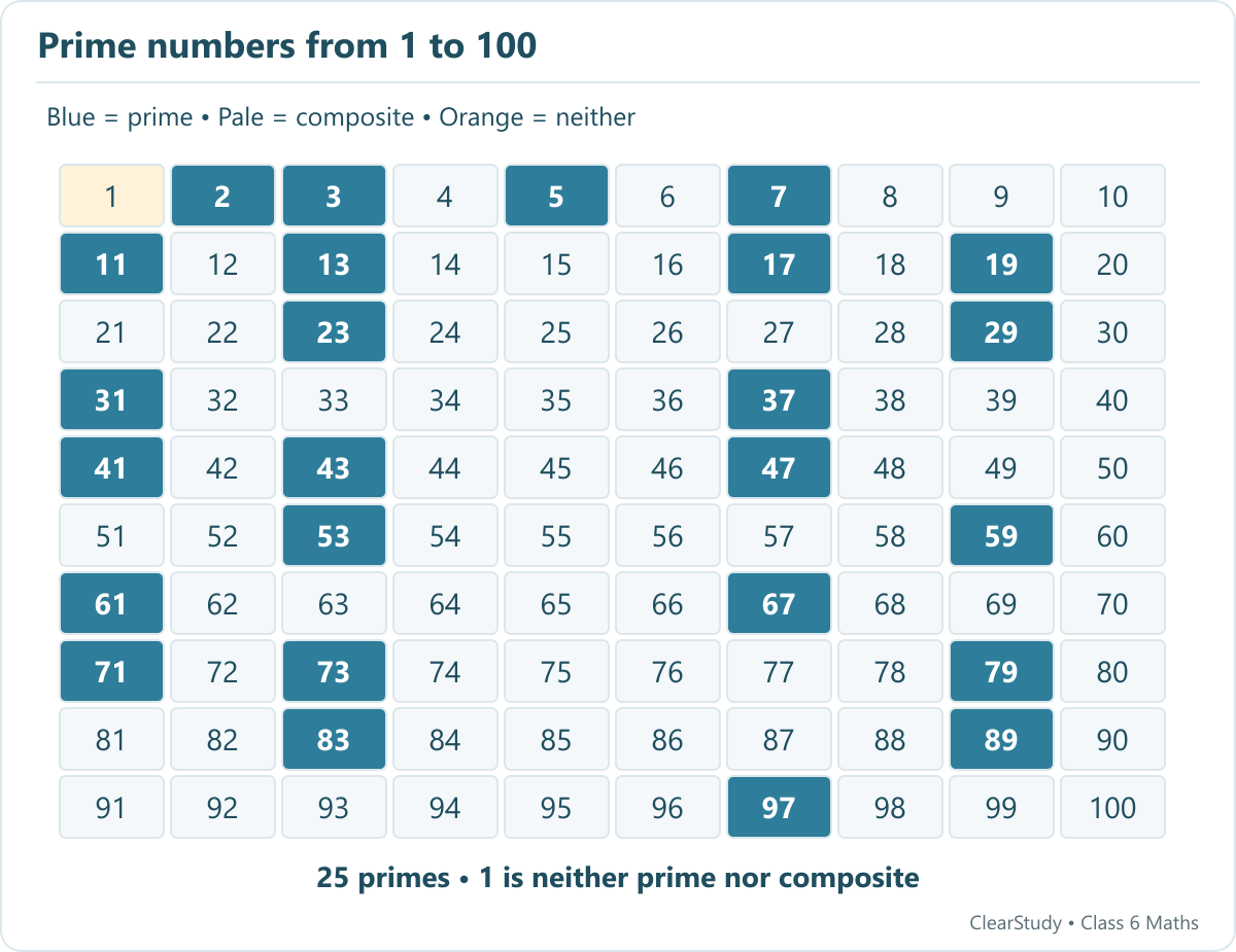 The 25 primes up to 100 are 2, 3, 5, 7, 11, 13, 17, 19, 23, 29, 31, 37, 41, 43, 47, 53, 59, 61, 67, 71, 73, 79, 83, 89, 97. Number 1 is marked separately.