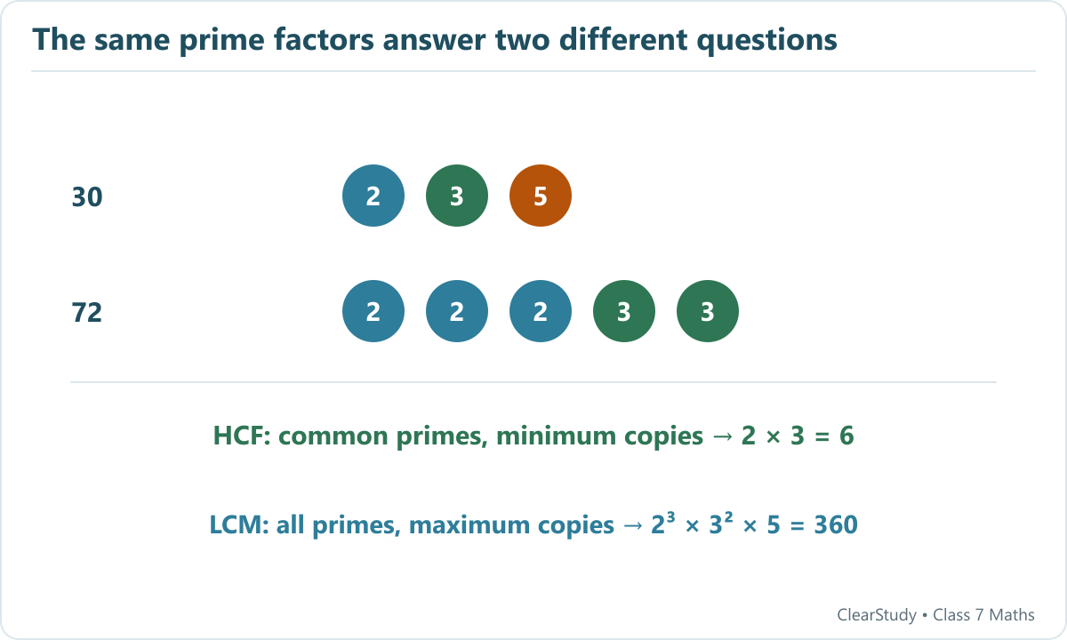 For 30=2×3×5 and 72=2³×3², the HCF takes the minimum common powers, giving 6. The LCM takes the maximum powers of all primes, giving 360.