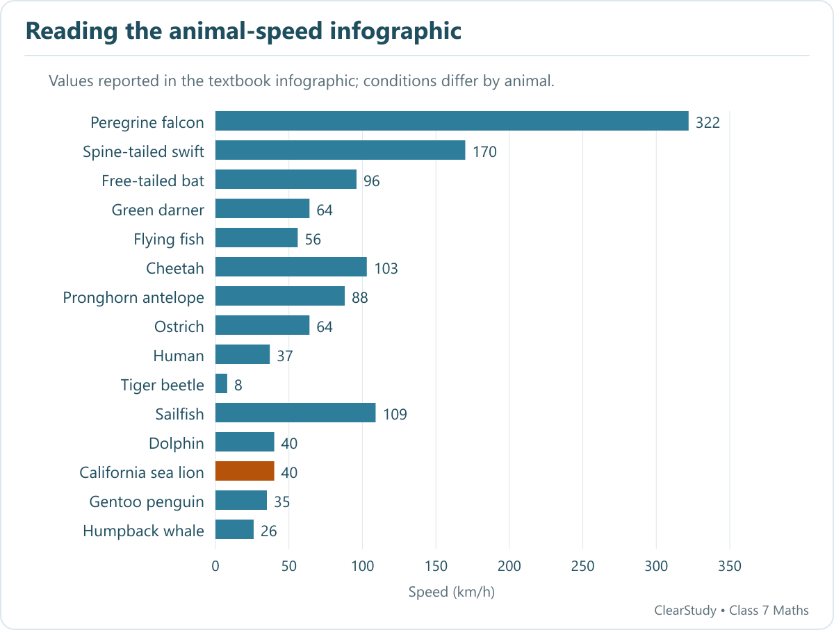 A ClearStudy redrawing of the textbook speed figures. Sailfish 109 km/h is about 4.19 times humpback whale 26; these displayed animals cannot establish a worldwide record.