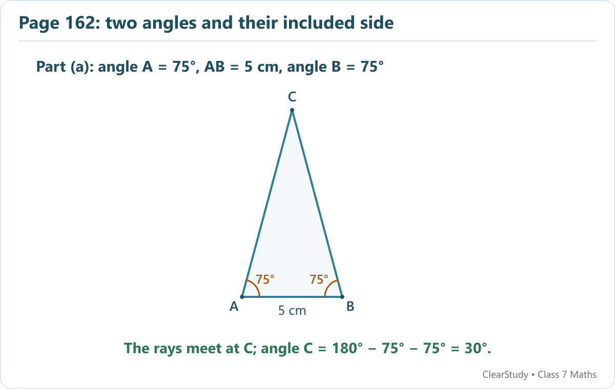Part a: draw AB=5 cm and rays making angles 75 and 75 degrees on the same side of AB. Their intersection is C, whose angle is 30 degrees.