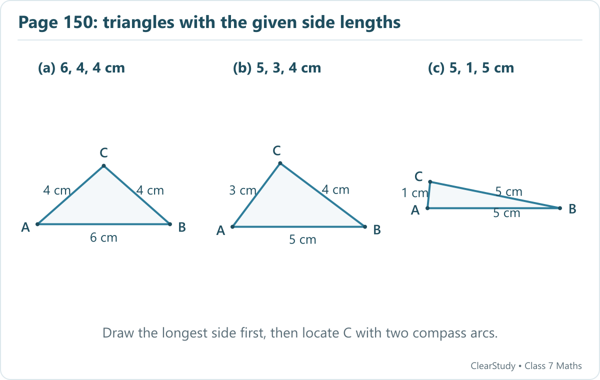Scaled examples for parts a, b and c: 4,4,6; 3,4,5; and 1,5,5. Each satisfies the strict triangle inequality.