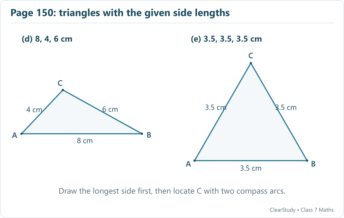 Scaled examples for parts d and e: 4,6,8 and 3.5,3.5,3.5. Each satisfies the strict triangle inequality.