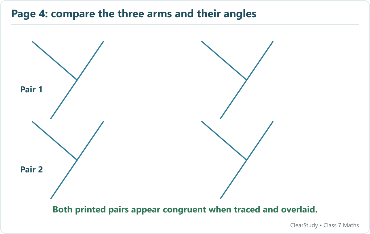 The two pairs of branched figures on page 4 each appear congruent. Match the junction and the three endpoints, allowing a turn or flip. Check all three arm lengths and the angle made by the branch.