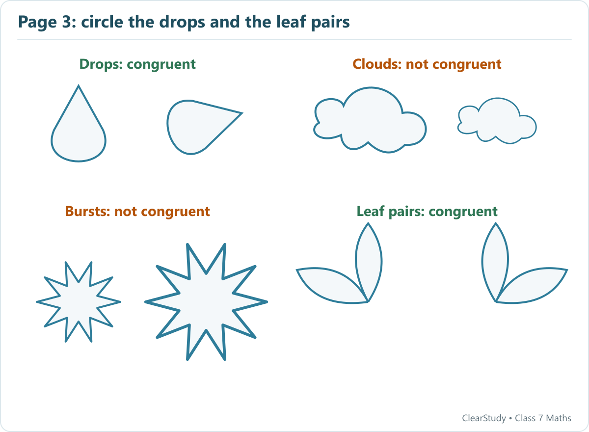 Original schematic examples matching the textbook identification task: the drops and leaf pairs appear congruent; the clouds and bursts differ in size. Confirm by tracing, with rotation or reflection allowed.