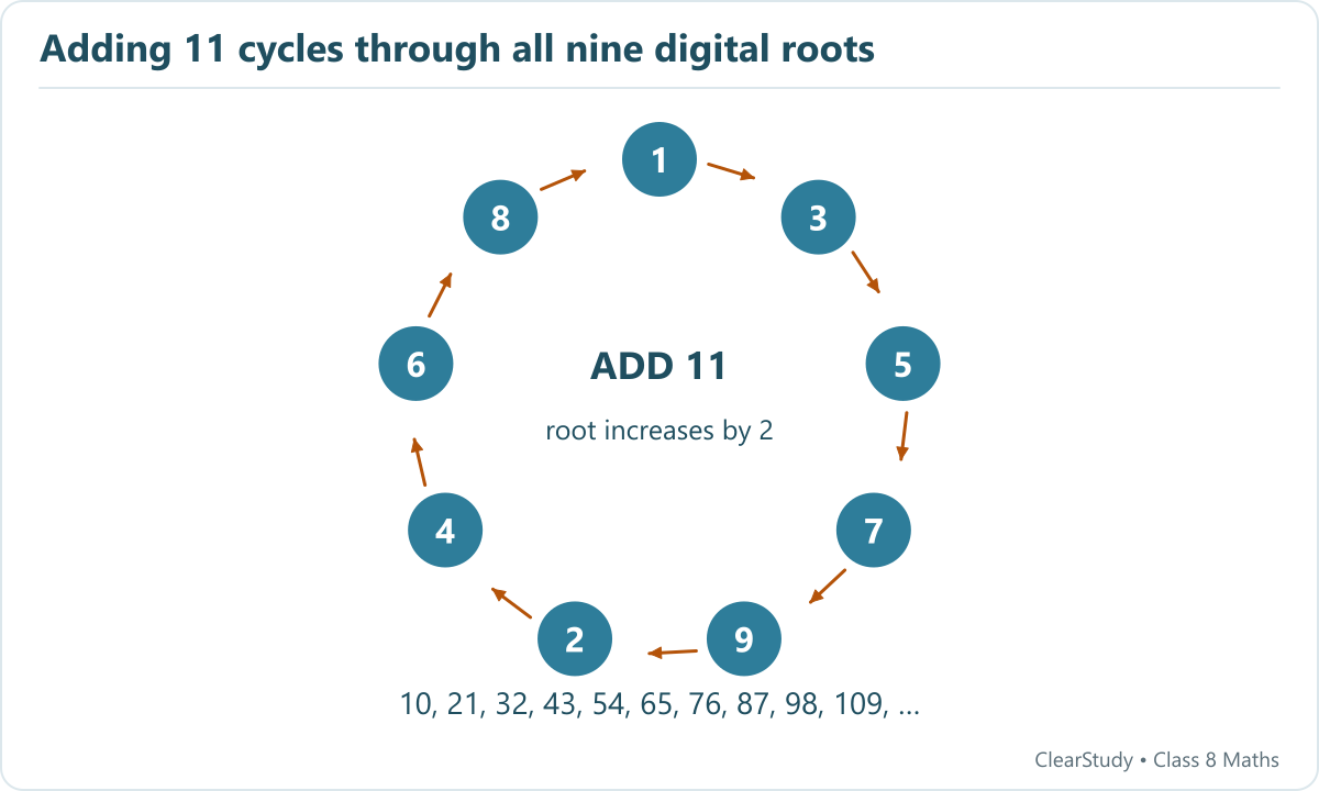 A circular cycle of digital roots runs 1, 3, 5, 7, 9, 2, 4, 6, 8 and returns to 1 when eleven is repeatedly added.