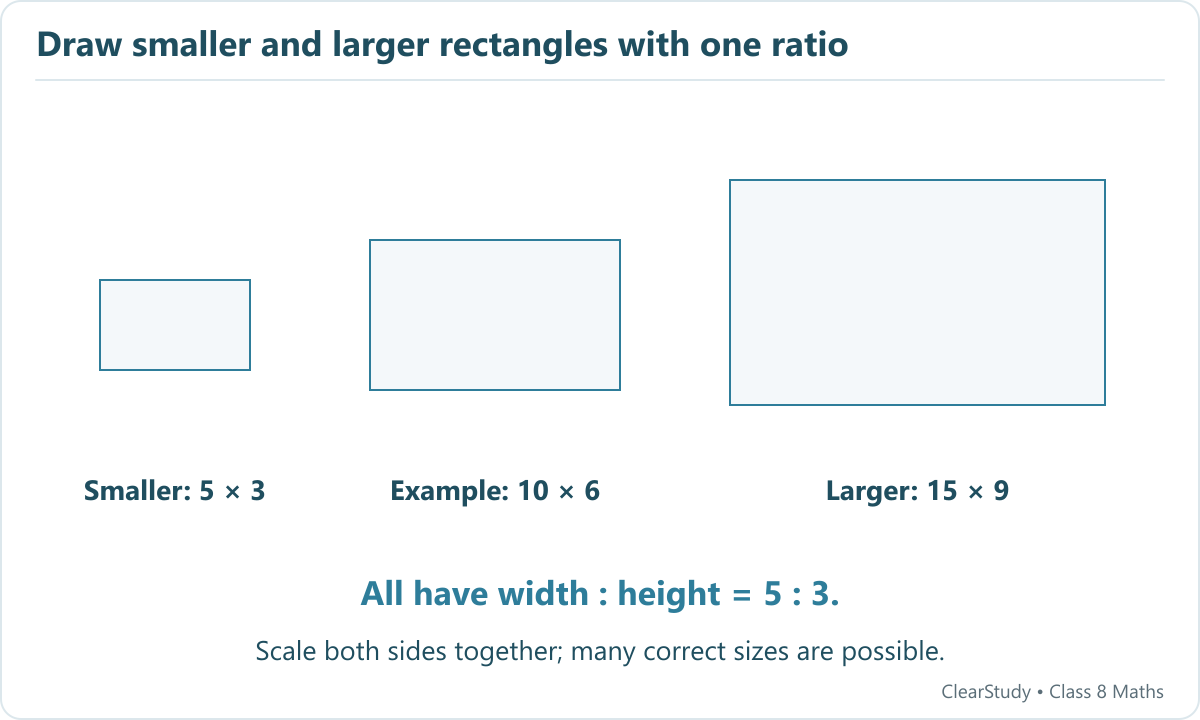 Three example rectangles have dimensions five by three, ten by six and fifteen by nine, all in ratio five to three.