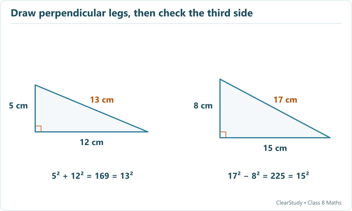 Two right triangles have sides five twelve thirteen centimetres and eight fifteen seventeen centimetres.