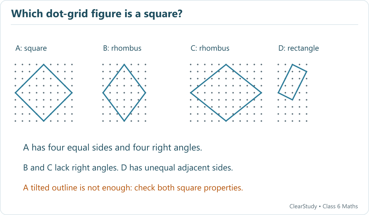 Four dot-grid outlines reproduce figures A to D. A is a tilted square, B and C are non-square rhombuses, and D is a rectangle with one side twice its adjacent side.