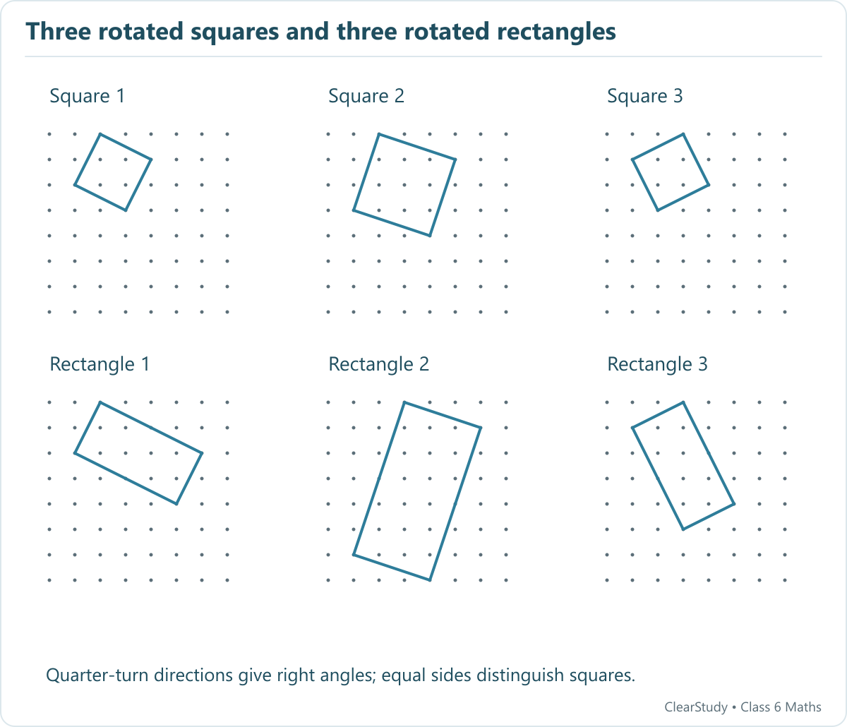 Six figures lie on dot-grid points. The three top figures are squares; the three below are rectangles with unequal adjacent sides.
