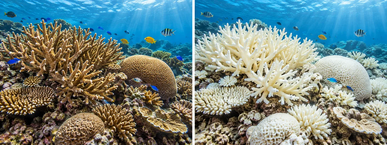 Natural-colour comparison of healthy tan corals on the left and pale bleached corals on the right