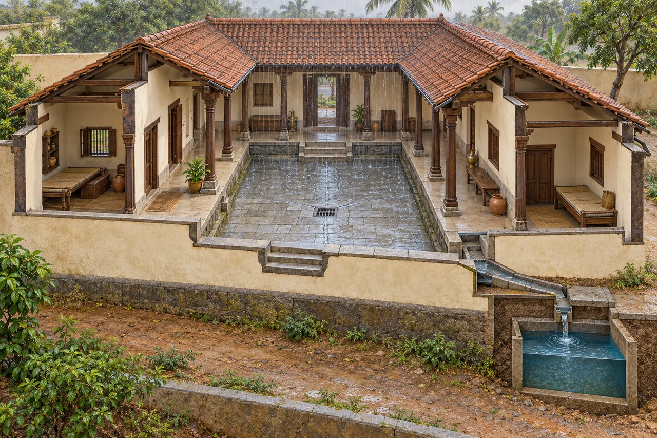 Conceptual cutaway of a courtyard house with terracotta roofs, shaded raised verandas, a courtyard drain and an external storage tank.