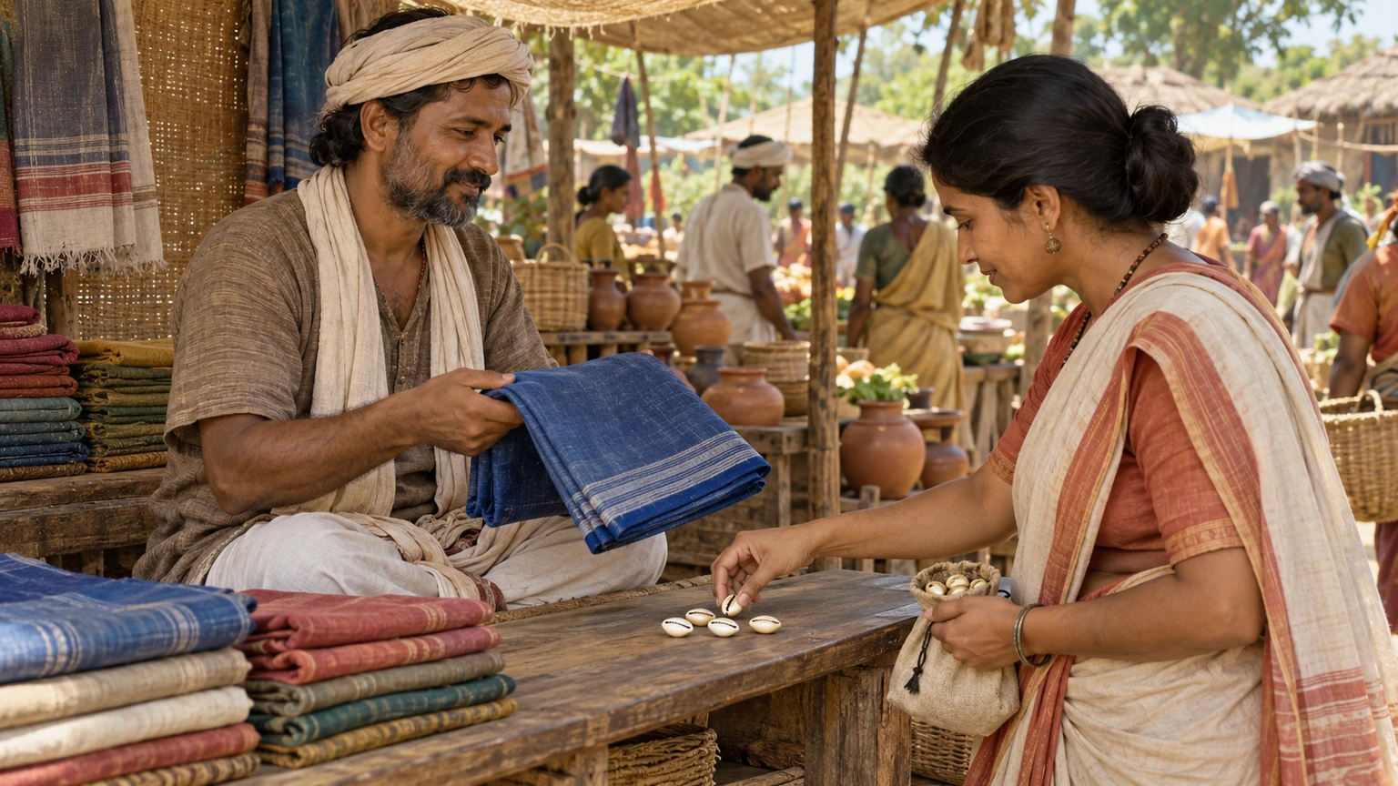 A cloth seller accepts cowrie shells from a customer in an imagined village market