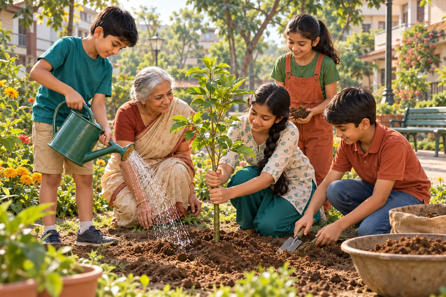 चार विद्यार्थी एक वृद्ध महिला के साथ पौधा लगाकर समुदाय की सेवा करते हैं; प्राकृतिक रंगों में सद्भाव और सहयोग का कल्पित दृश्य