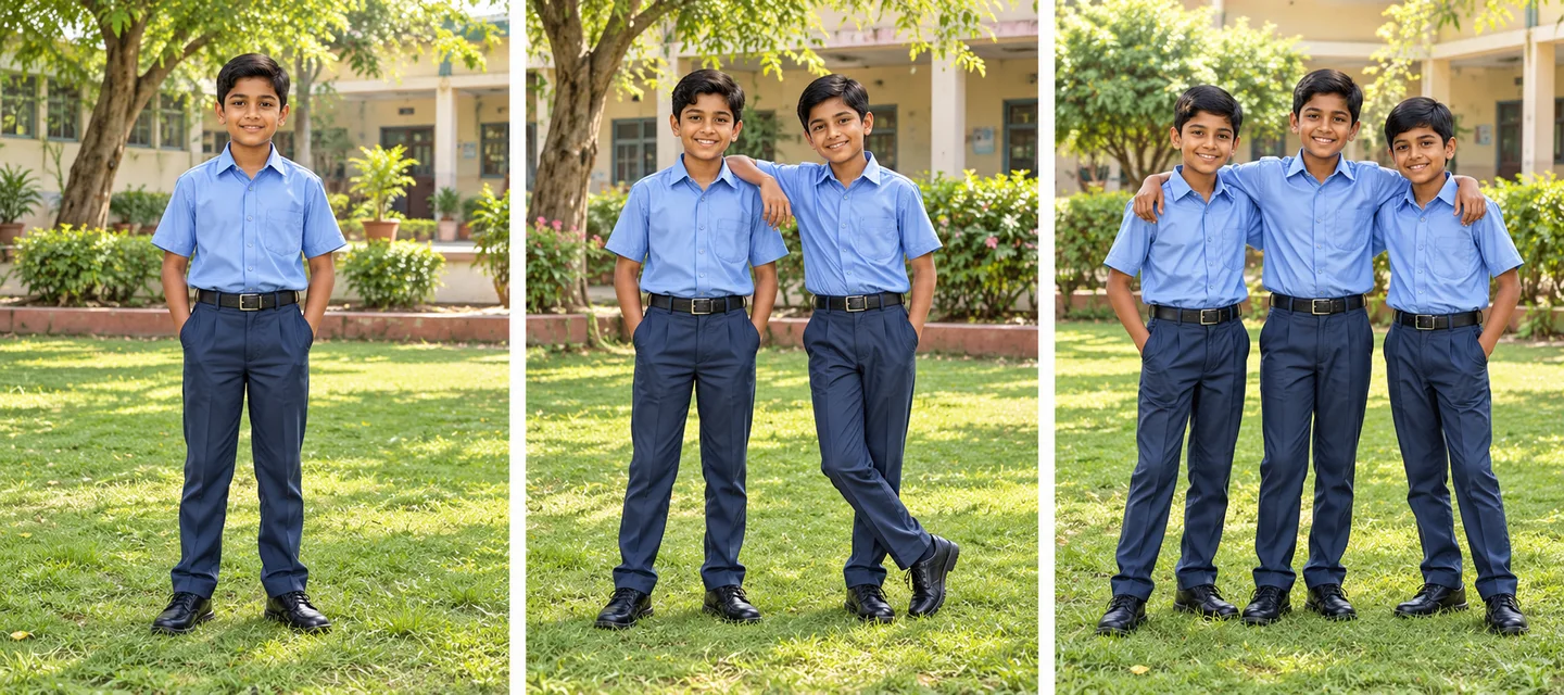 तीन अलग दृश्यों में क्रमशः एक बालक, दो बालक और तीन बालक; एकवचन, द्विवचन और बहुवचन की तुलना