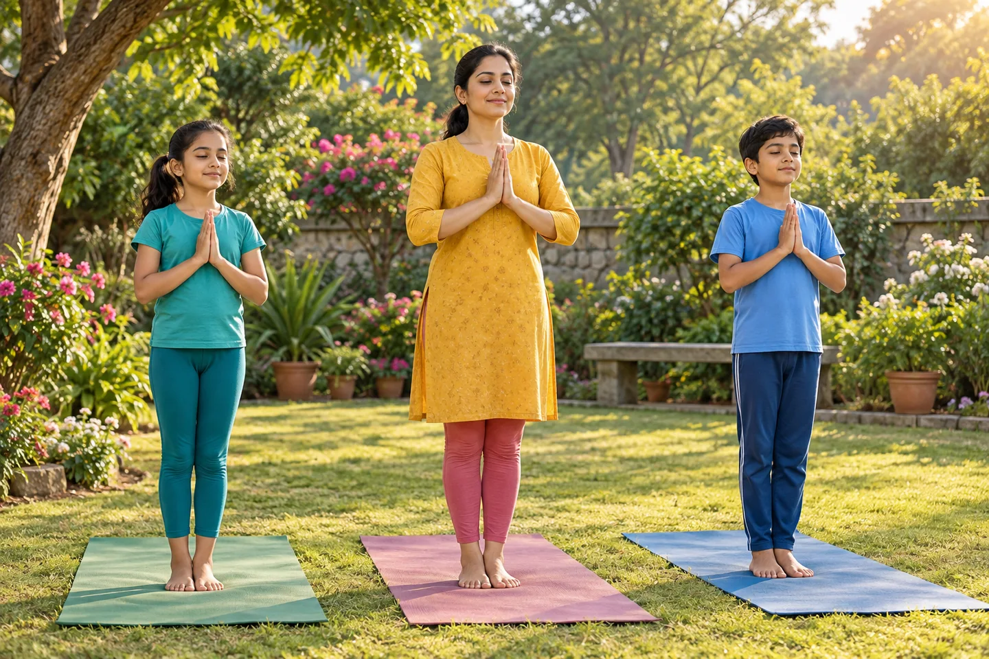 उद्यान में योगशिक्षिका के साथ दो विद्यार्थी सीधे खड़े होकर छाती के सामने हाथ जोड़ते हैं, मित्राय नमः संवाद का कल्पनात्मक दृश्य