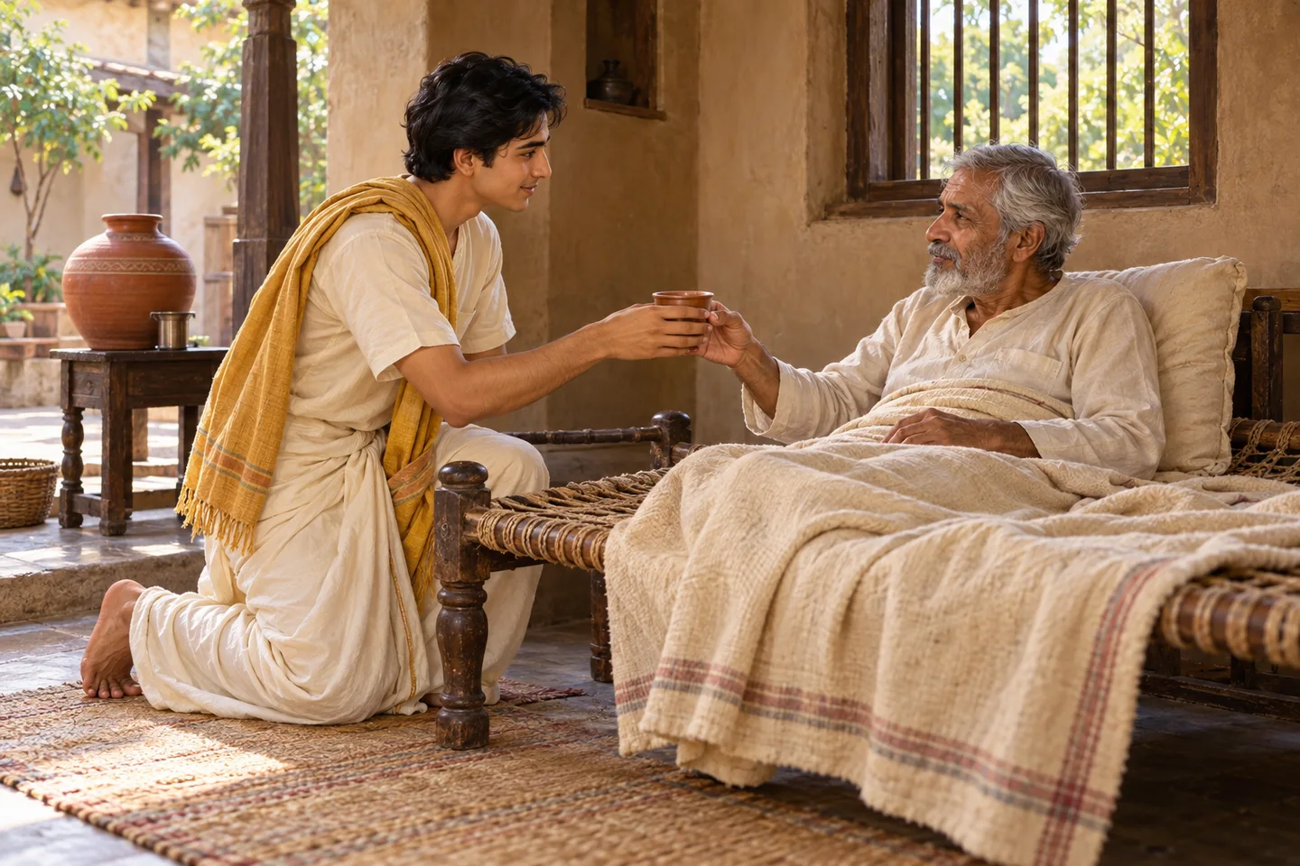 सरल घर में युवक खाट पर विश्राम करते वृद्ध को पानी का प्याला देता है, सेवा और करुणा का कल्पनात्मक दृश्य
