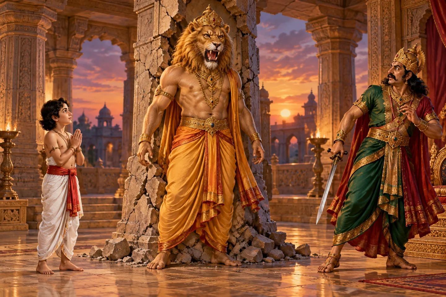 कल्पनात्मक राजसभा में टूटे स्तम्भ के पास सिंहमुख नृसिंह, हाथ जोड़े बालक प्रह्लाद और आश्चर्यचकित हिरण्यकशिपु