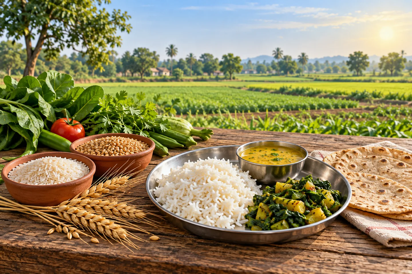 खेत के पास चावल, दाल, हरी सब्जी और रोटी के साथ कच्चे चावल, गेहूँ तथा ताजी सब्जियाँ