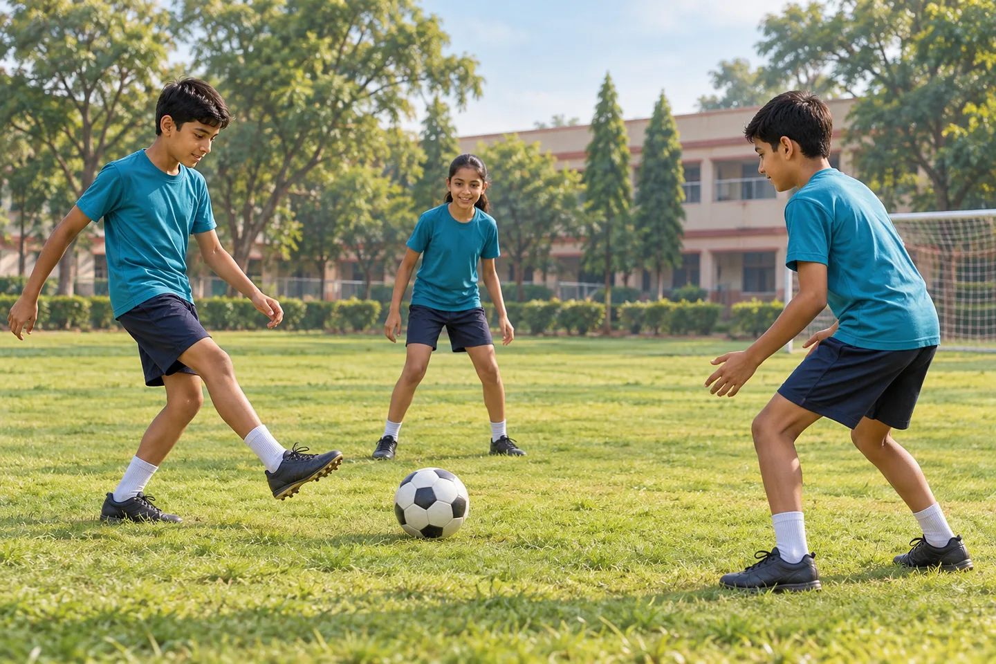 विद्यालय के हरे मैदान में तीन विद्यार्थी फुटबॉल का पास देकर मिलकर अभ्यास करते हैं