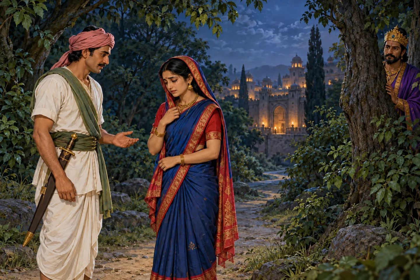रात्रि में वनपथ पर वीरवर और अलंकृत राजलक्ष्मी का संवाद; दूर वृक्ष के पीछे राजा शूद्रक