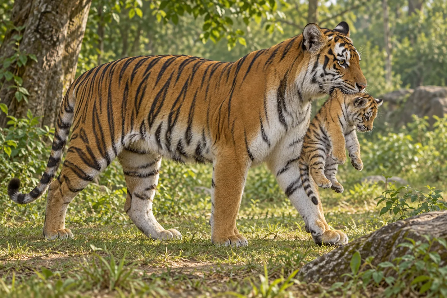 वन में अपने शावक को गर्दन की ढीली त्वचा से सावधानी से ले जाती बाघिन