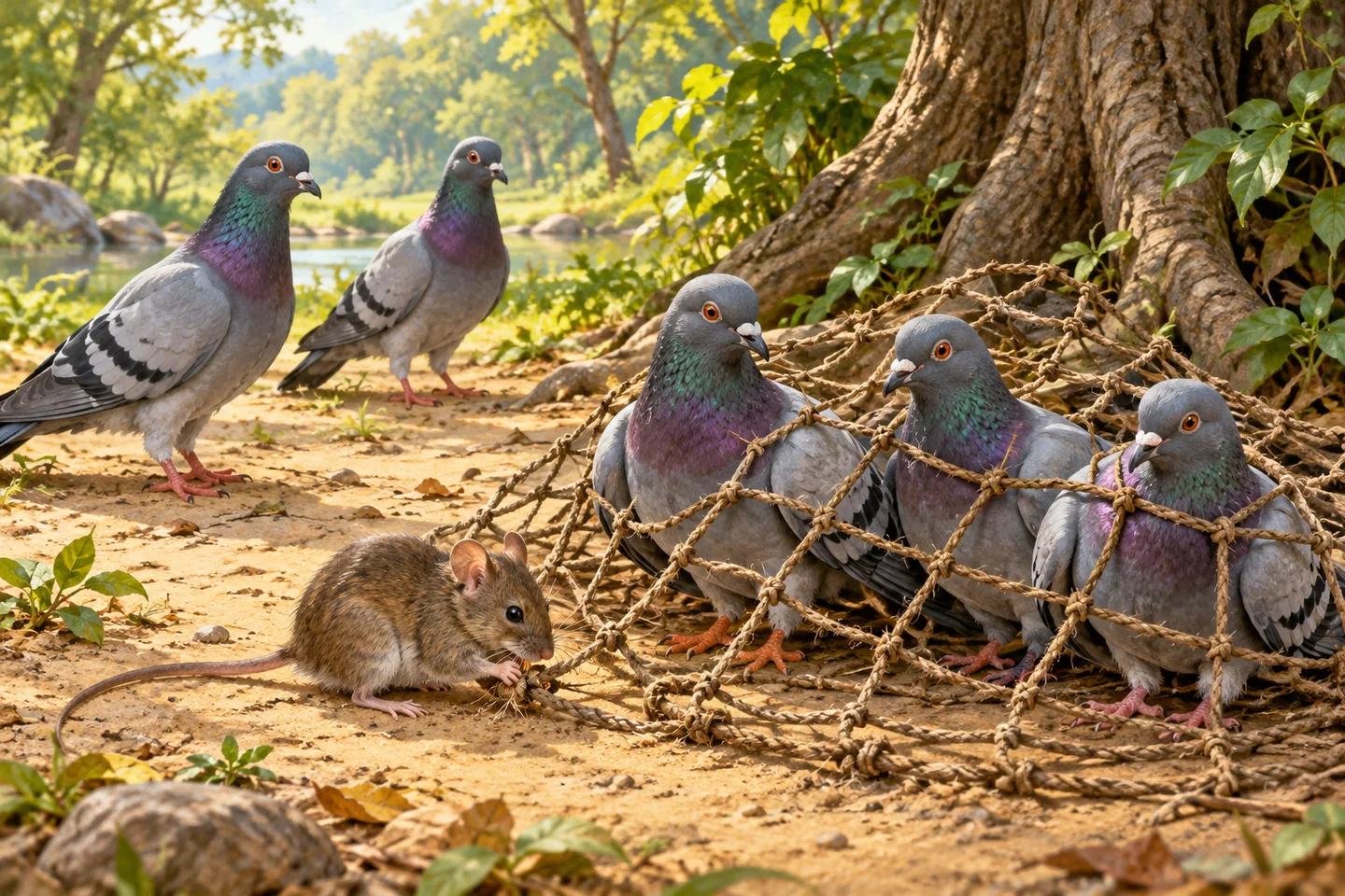 पेड़ की जड़ के पास भूरे चूहे हिरण्यक द्वारा कबूतरों के पैरों के चारों ओर बिछे जाल की रस्सी कुतरने का कथात्मक दृश्य