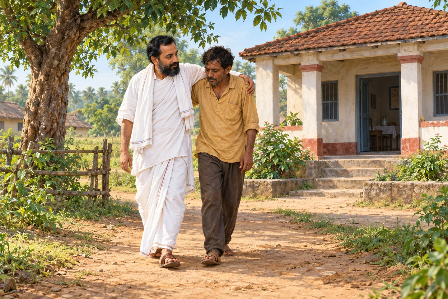 श्वेत वस्त्र पहने समाजसेवक का एक रोगी को सहारा देकर छोटे चिकित्सालय तक ले जाने का कल्पनात्मक दृश्य
