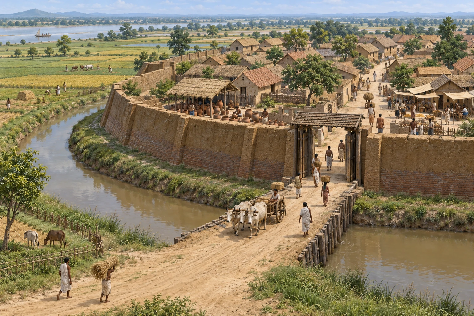 Illustrative early Indian fortified town with moat, narrow gate, farming fields, potters and a bullock cart