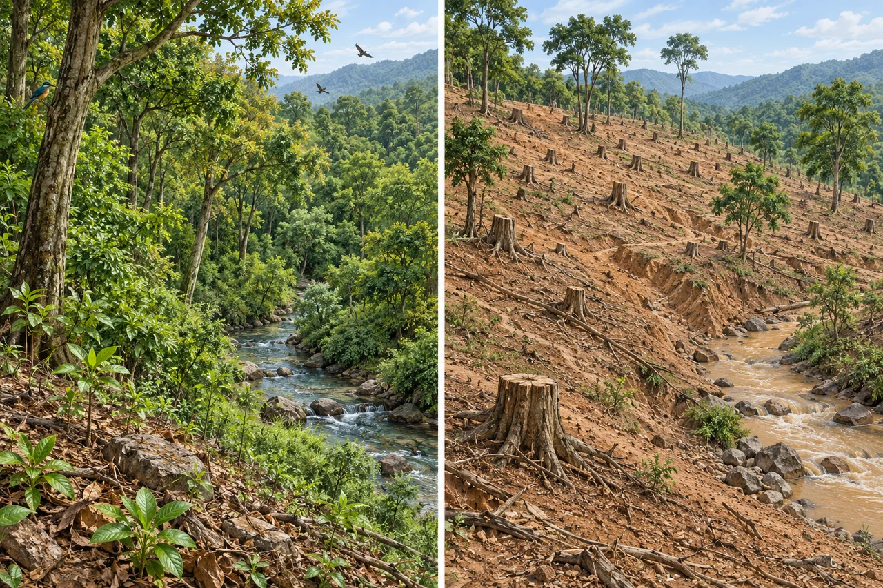 Class 8 Social Science Chapter 1: intact woodland and eroded cleared slope beside streams