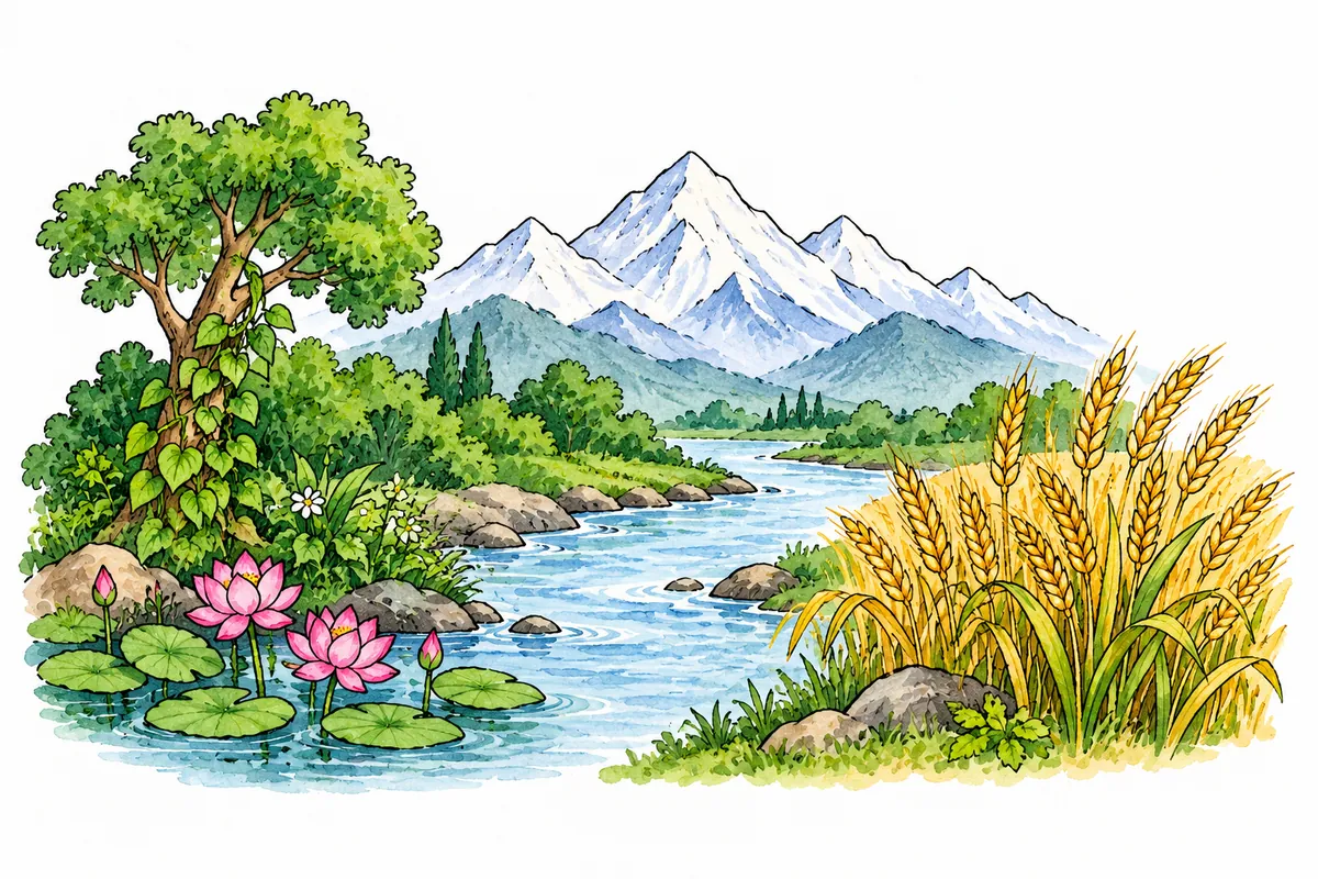 हिमाच्छादित पर्वत, बहती नदी, हरे वृक्ष, कमल और सुनहरी फसल का हाथ से रंगा चित्र