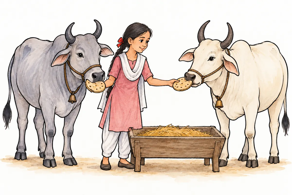 छोटी लड़की हीरा और मोती को रोटियाँ खिलाती हुई; काले रेखांकन और जलरंगों में कल्पित दृश्य।