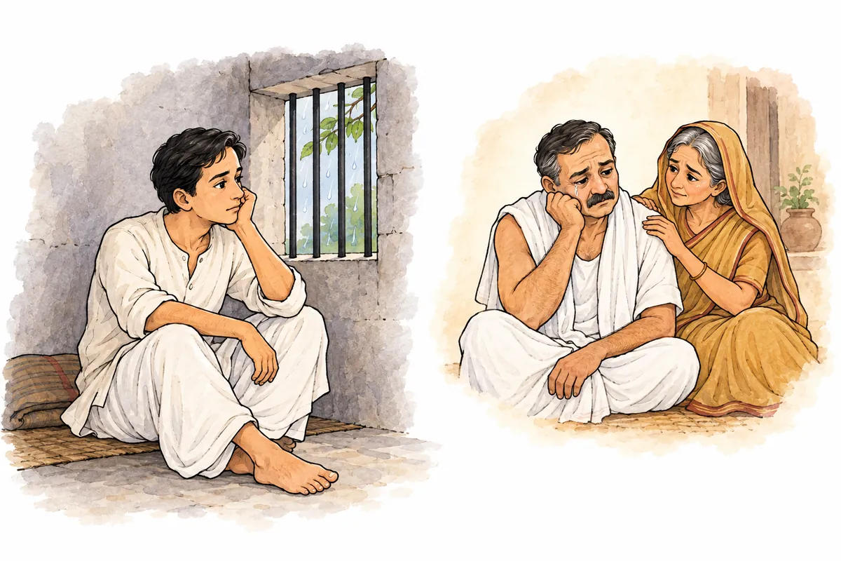 वर्षा में जेल की खिड़की के पास बैठा कवि और उसकी कल्पना में पिता को सांत्वना देती माँ