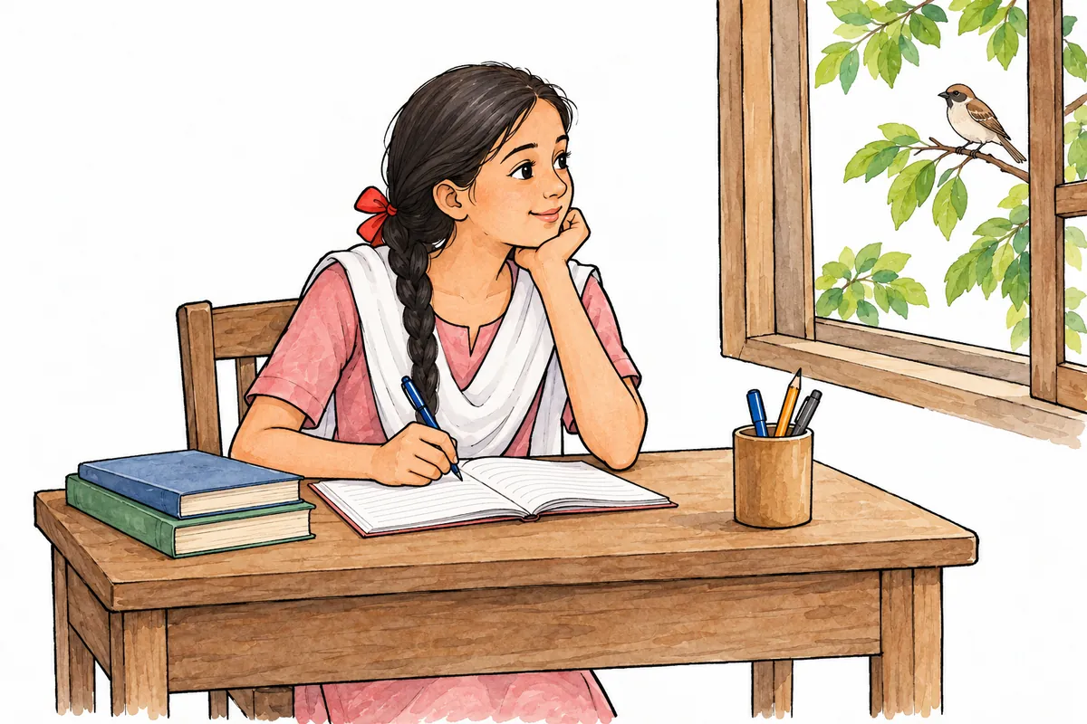 क्या लिखूँ? की लेखन-प्रक्रिया का कल्पित दृश्य: नोटबुक लिए छात्रा खिड़की के बाहर पक्षी को देखती हुई।