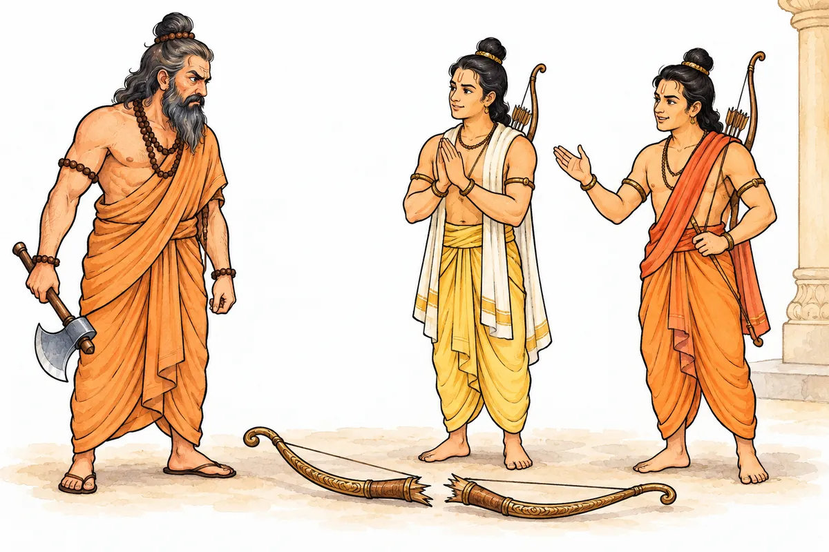 टूटे धनुष के पास क्रोधित परशुराम, हाथ जोड़े शांत राम और उत्तर देते लक्ष्मण का जलरंग चित्र