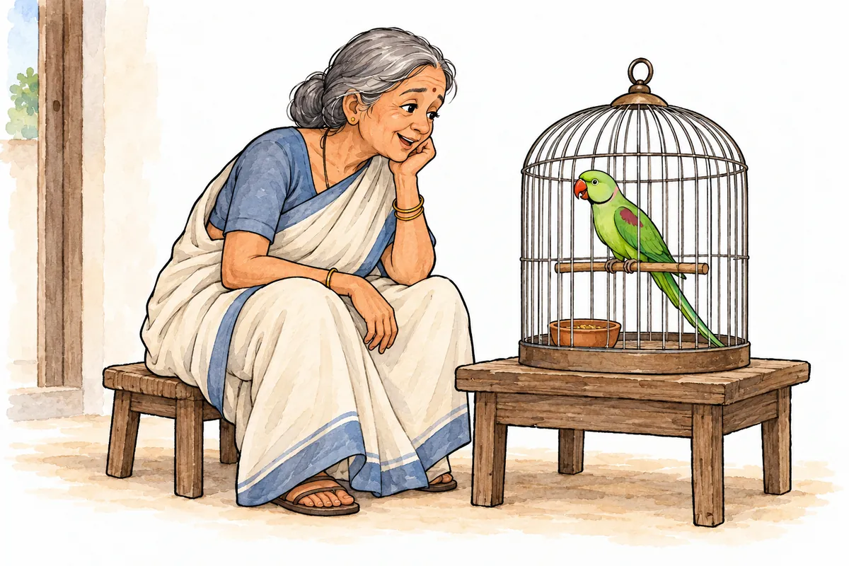 संवादहीन कहानी में ताई पिंजरे में बैठे हरे मिट्ठू से स्नेहपूर्वक बात करती हुईं; कल्पित जलरंग चित्र।