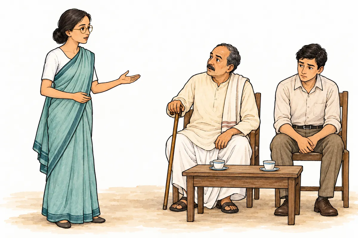 चश्मा पहने उमा अपनी गरिमा के पक्ष में बोलती है; सामने बैठे गोपालप्रसाद और शंकर सुन रहे हैं।