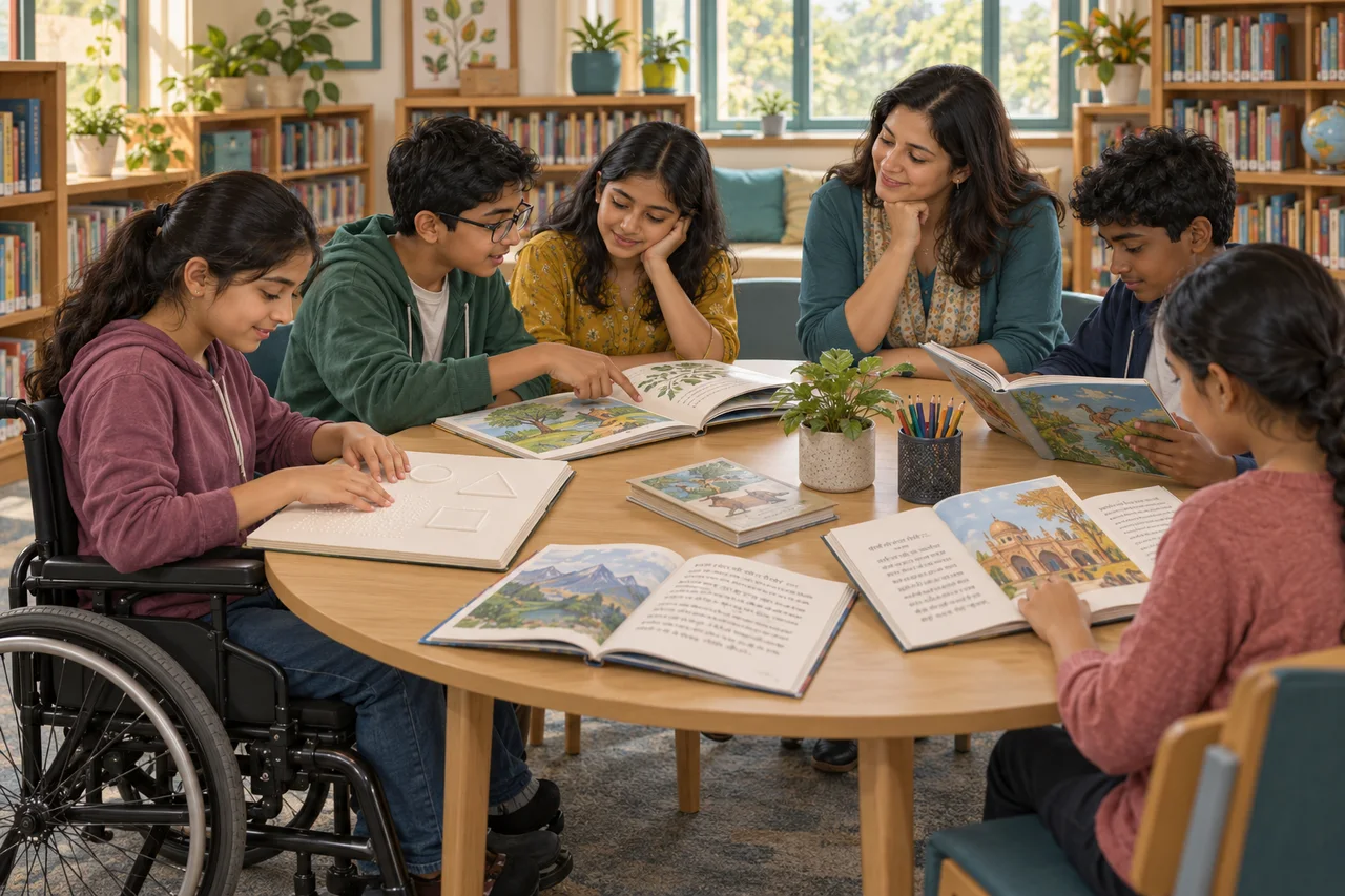 Students and a teacher share books at a library table, including a wheelchair user reading a tactile page.