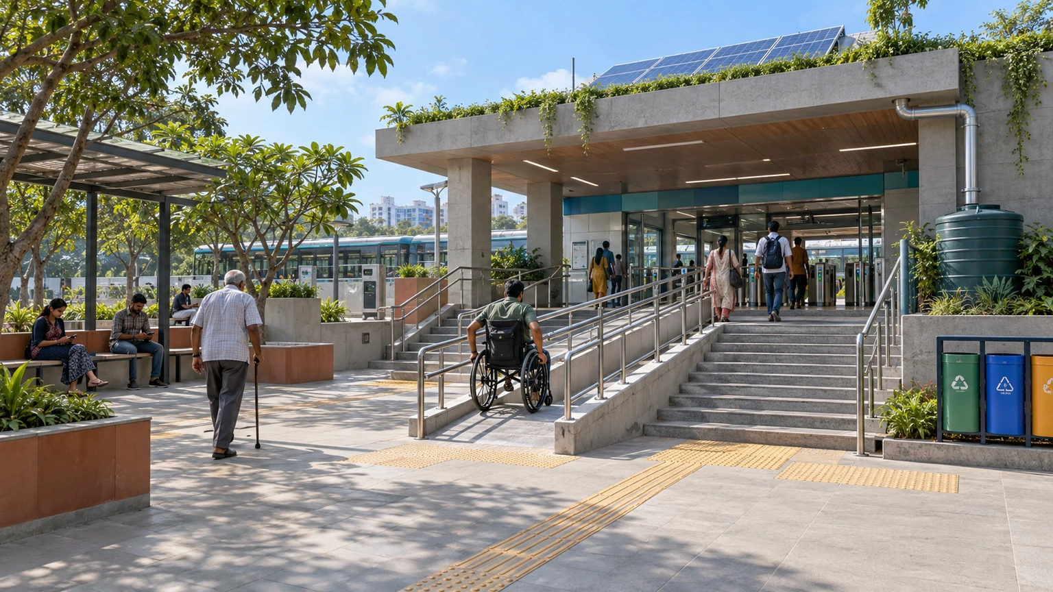 Infrastructure design: station entrance with ramp, tactile paving, solar panels and rainwater collection