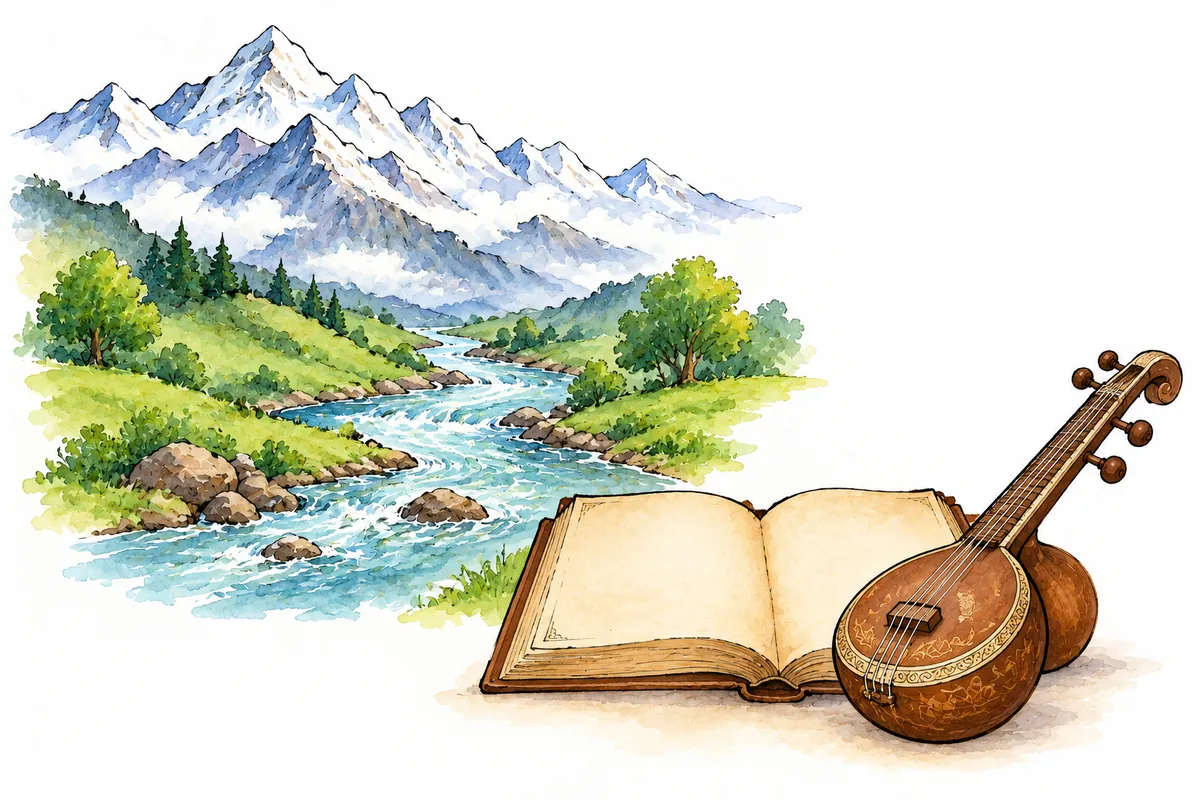 Watercolour motifs of Himalayan peaks, a flowing river, an open book and a stringed instrument