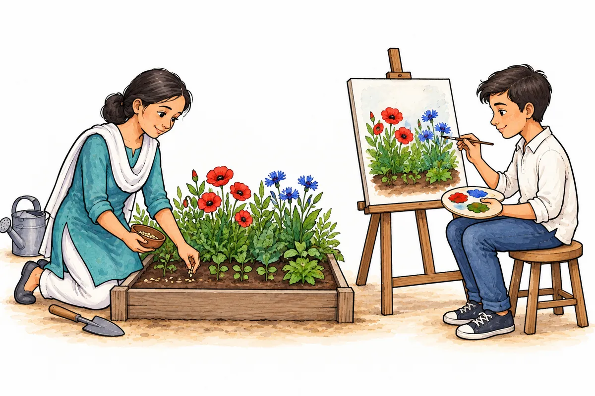 A gardener sows seeds beside red and blue flowers while a young artist paints the garden on an easel.