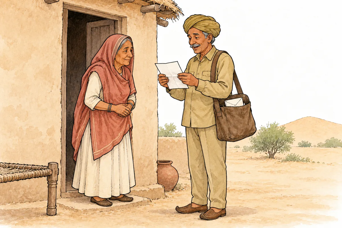A rural postman in khaki reads a letter to an elderly woman outside her desert home.