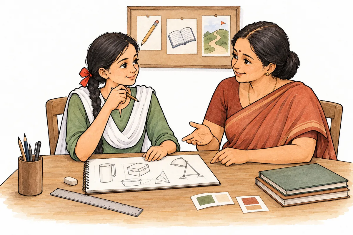 A teenager discusses her design sketches and learning plans with her mother at a desk.