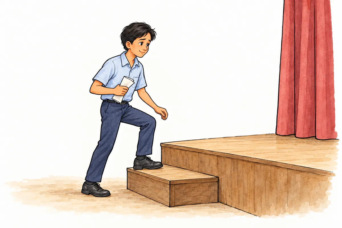 A student holding a rehearsal script steps onto a small school stage.