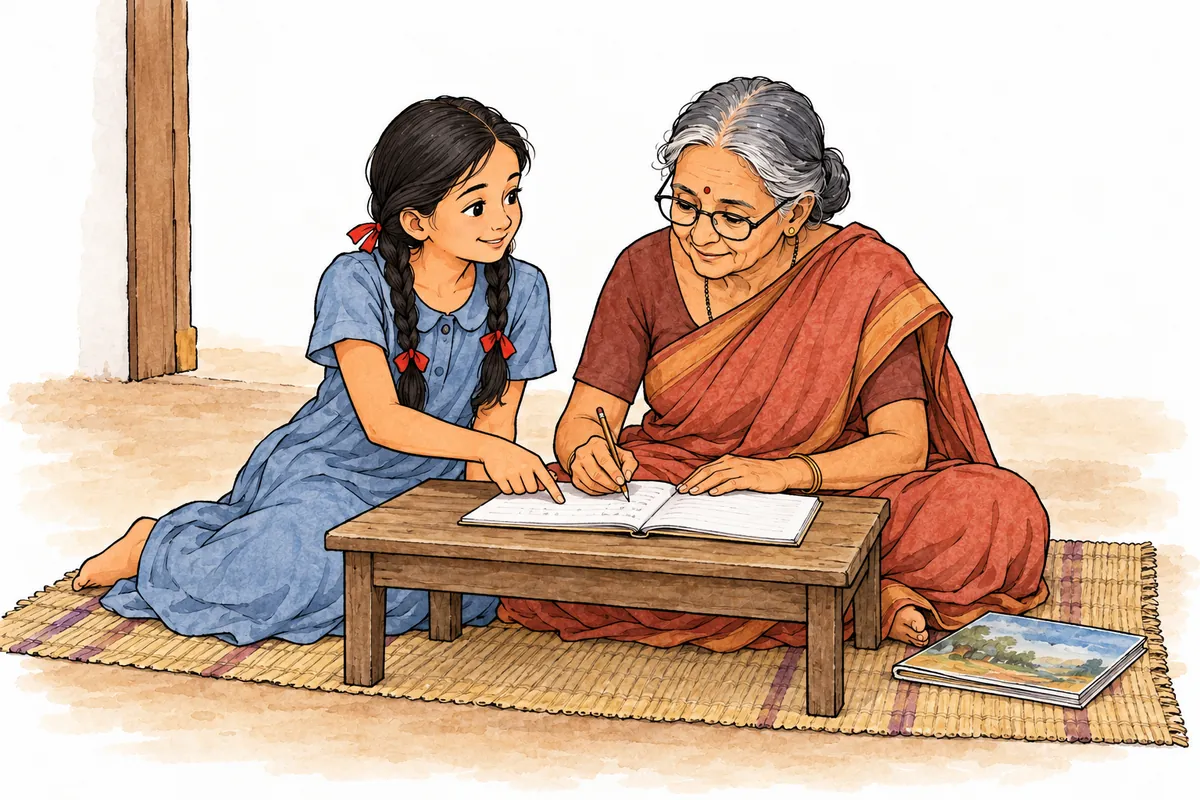 Krishtakka practises writing in a notebook while her granddaughter guides her