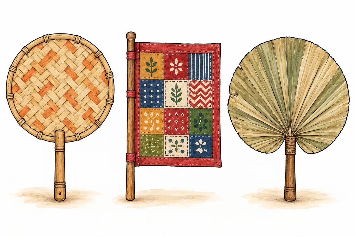Watercolour examples of a round woven bamboo fan, rectangular patchwork fabric fan and rounded palm-leaf fan.