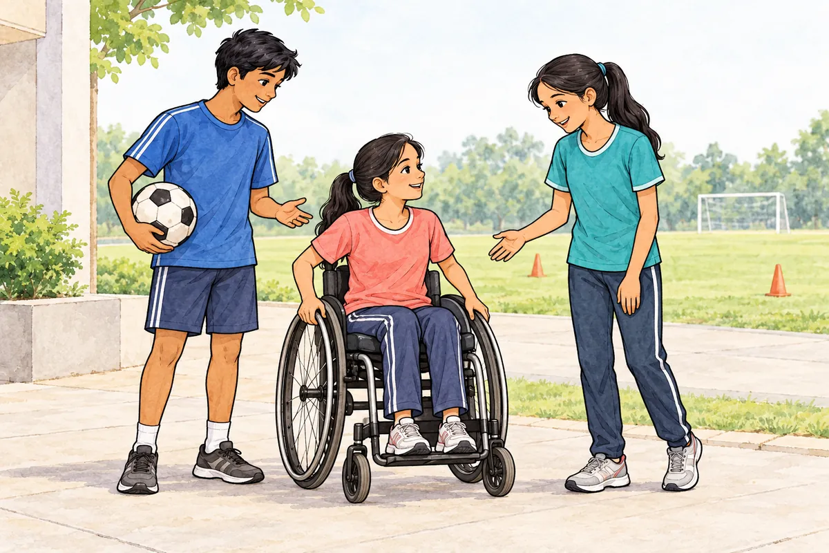 Three classmates, including a girl using a wheelchair, meet at a level entrance to a school playing field.