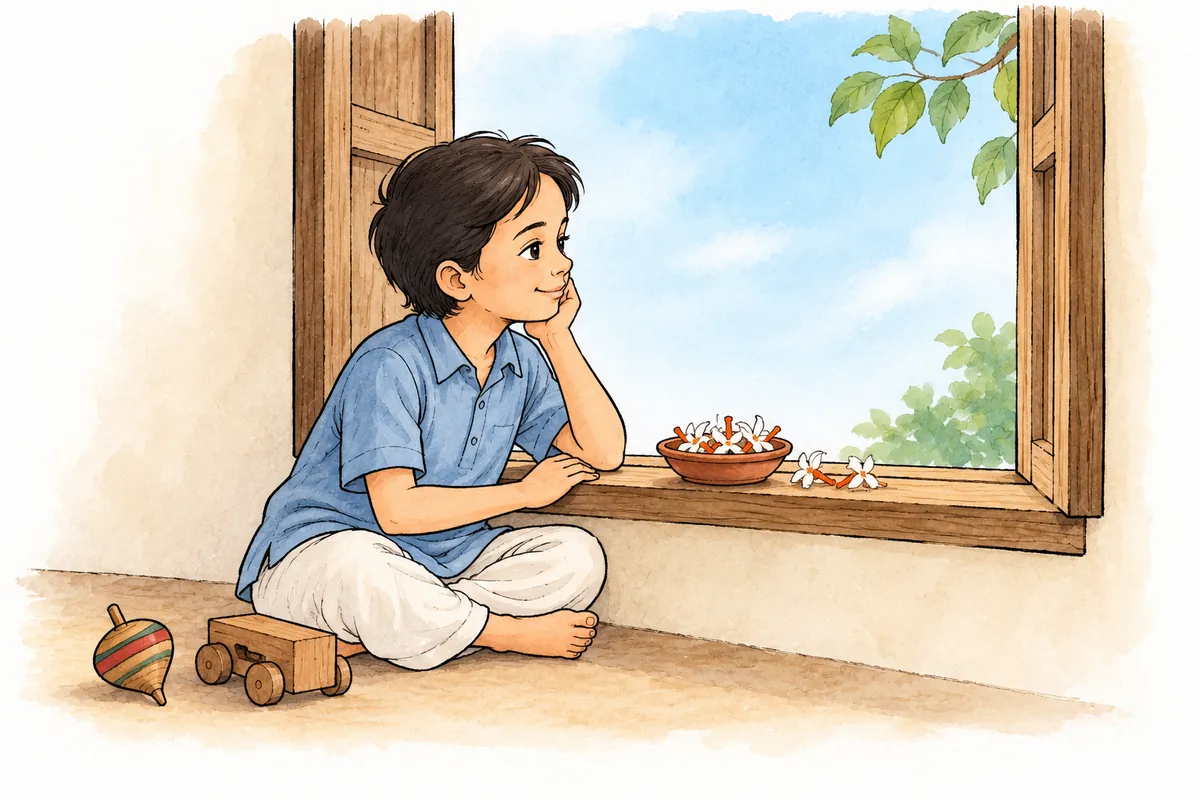 A child looks through a bedroom window at a blue sky beside white shiuli flowers with orange centres and wooden toys.
